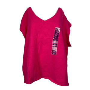 NWT Three Dots‎ Shirt Womens XXL 2XL Pink Cotton Gauze V-Neck Cap Sleeve Top